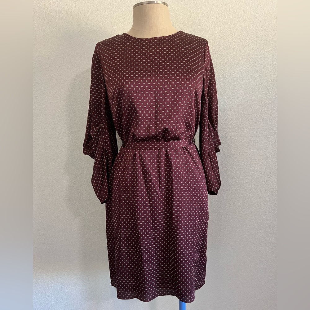 Vince Camuto Trinket Midi Dress with Self Tie Sash Maroon Polkadot Size 4 NWT